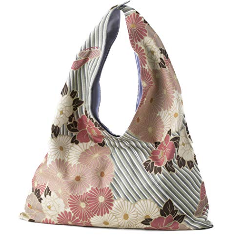 のレン Borsa Giapponese Furoshiki Tote Bag (Retro Flower) Kimono Bag/Made In Japan 100% Cotone Tessuto Riutilizzabile Pieghevole Borsa Con Tasche, Rosa-B