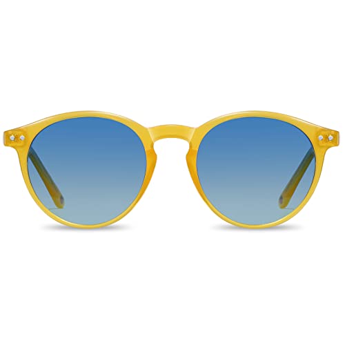 H Helmut Just Occhiali Da Sole Da Uomo Donna Rotondi Montatura Giallo Lenti Sfumate Blu Polarizzati Vintage Montatura Leggera In Tr90 E Braccio In Ace