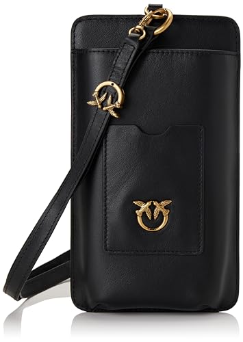 Pinko Phone Folder Vitello Morbido, Accessori Da Viaggio-Borsellino Da Portare Al Collo Donna, Z99Q_Nero-Antique Gold, U