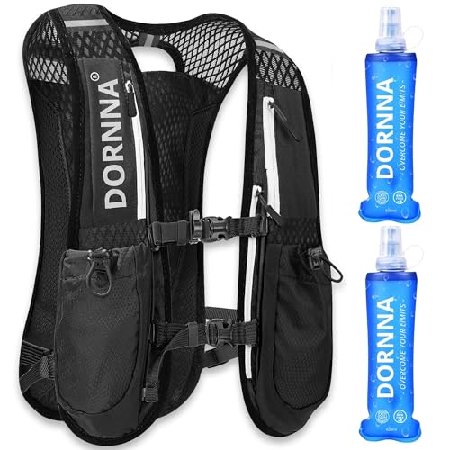 Dornna - Zaino Trail Running + 2 Borraccia Mórbida 500 Ml Senza Bpa, Run Vest Con Soft Flask , Gilet Trail Running Uomo E Donna In Taglia Unica. (Nero