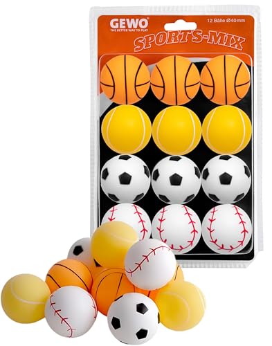 Gewo Sports-Mix - Palline Da Ping Pong In Plastica, 40+, Design Sportivo, 12 Palline Colorate Di Alta Qualità, Per Bambini, Diversi Design, Diametro 4