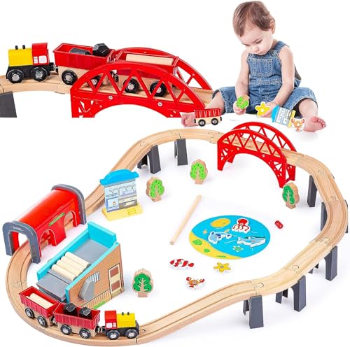 Green Series Kinderplay Trenino Legno Bambini - Pista Trenino | Set Ferrovia In Legno 48 Pcs | Lunghezza Di Ben 213 Cm, Model Gs6151