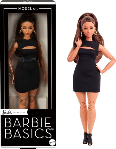 Barbie Signature - Barbie Basics Modello 05, Bambola Da Collezione Con Capelli Castani, Mini Abito Nero E Tacchi, Vestibilità Universale, Corpo Curvy 