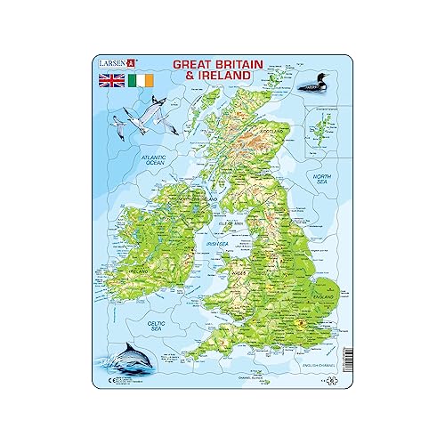 Larsen K5 Mappa Fisica Della Gran Bretagna E Dell'Irlanda, Edizione Inglese, Puzzle Incorniciato Con 80 Pezzi
