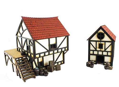 War World Gaming Medieval Town (Città Medievale) Set Con Cottage E Casa Di Città (Dipinte/Non Dipinte) E Accessori In Resina - 28Mm Wargaming Terreno