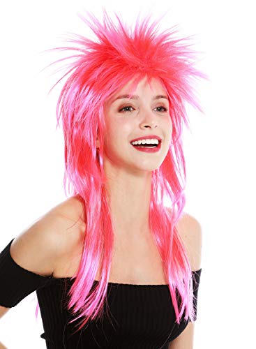 Wig Me Up - Dh1069-Pc13Tpc5 Parrucca Carnevale Punk Taglio Vokuhila Rocker Scompigliata Anni 80 Wave Cotonata Lunga Mix Rosso & Rosa