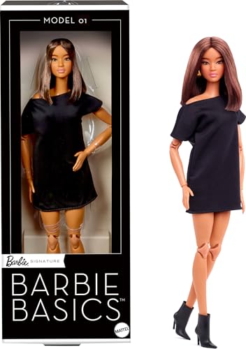 Barbie Signature Basics Modello 01, Bambola Da Collezione Con Capelli Castani, Mini Abito E Scarpe Neri, Vestibilità Universale, Corpo Snodato E Testa