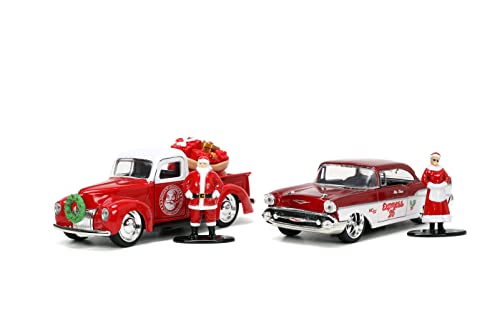 Holiday Rides 1:32 1941 Ford Pickup & 1957 Chevy Bel-Air Die-Cast Car With 1.65” Santa Claus & Mrs. Santa Claus Figure, Toys For Kids And Adults