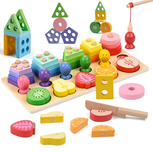 Giocattoli Per Bambini Montessori, Forme Geometriche Ordinamento E Impilamento Block Board Con Gioco Di Pesca,Puzzle Educativi In Legno Regalo Per 1