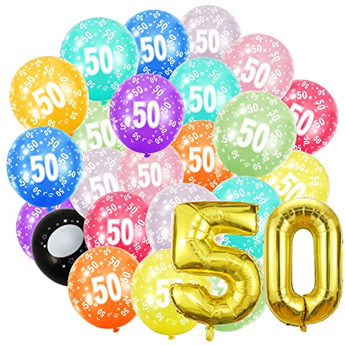 Palloncini Oro Il 50° Compleanno, Palloncini Numerati (50 Anni), Palloncini In Alluminio E 20 Palloncini In Lattice Colorati, Decorazioni Per Il 50° C