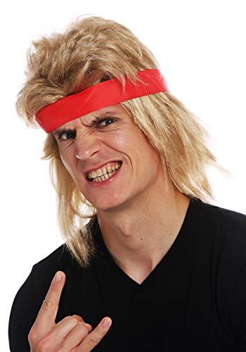 Wig Me Up - Sarl002-Fr7-02 Parrucca Carnevale Halloween Uomo Lunga Biondo Vokuhila Fascetta Fronte Anni 80 Action Stars Wrestler