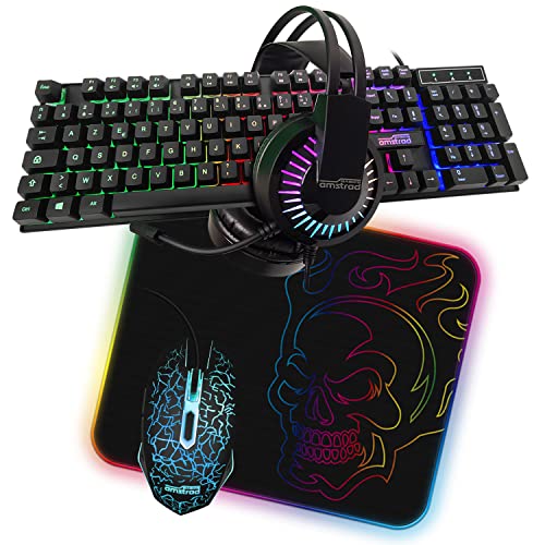 Amstrad Pacchetto Gamer Battle 5 Pezzi: Tastiera, Mouse & Tappeto, Cuffie & Adattatore. Usb & Retroilluminazione Rgb