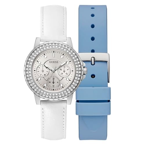 Guess Orologio Da Donna Da 36 Mm, Cinturino Intercambiabile, Quadrante Bianco, Cassa Argentata, Multicolore, Classico