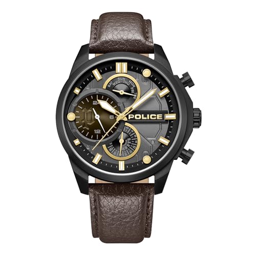 Police Watches Reactor Pewgf0039203, Orologio Da Uomo Con Cinturino In Pelle Marrone, Moderno, Marrone, Moderno