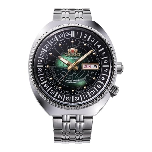 Orient Revival World Map - Orologio Da Uomo Automatico A Carica Manuale Elegante Bracciale E Cassa In Acciaio Metallizzato Quadrante Verde - Ra-Aa0E02