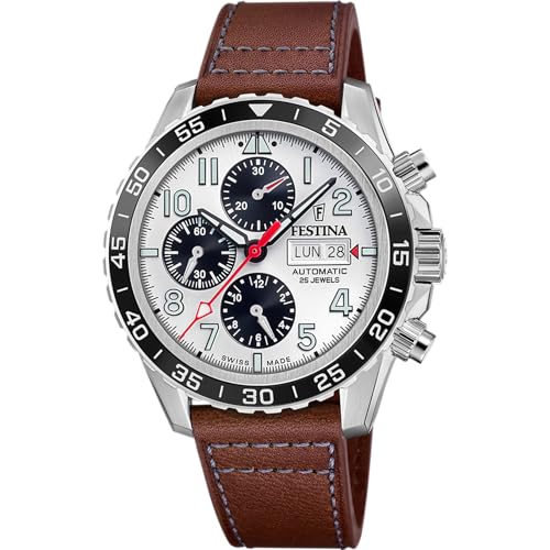 Festina Orologio Uomo F20056/1 Swiss Made Automatico Cassa Di Acciaio Inossidabile 316L Grigio Cinturino In Pelle Marrone
