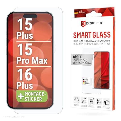 Displex Smart Glass (9H) Per Apple Iphone 15 Plus/15 Pro Max/16 Plus, Adesivo Di Montaggio, Infrangibile, Ultra Sottile, Invisibile