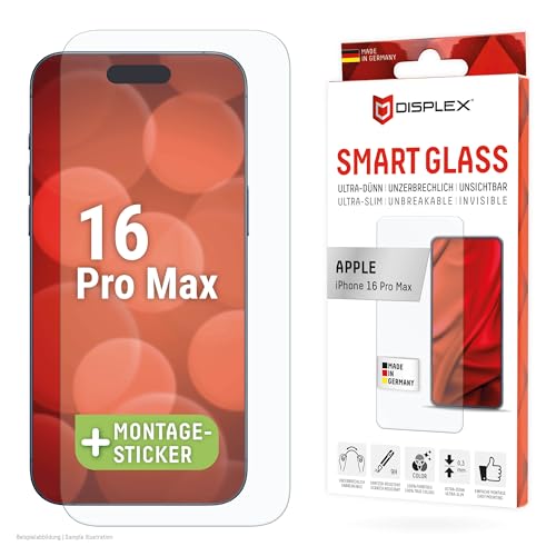 Displex Smart Glass (9H) Per Apple Iphone 16 Pro Max, Adesivo Di Montaggio, Infrangibile, Ultra Sottile, Invisibile