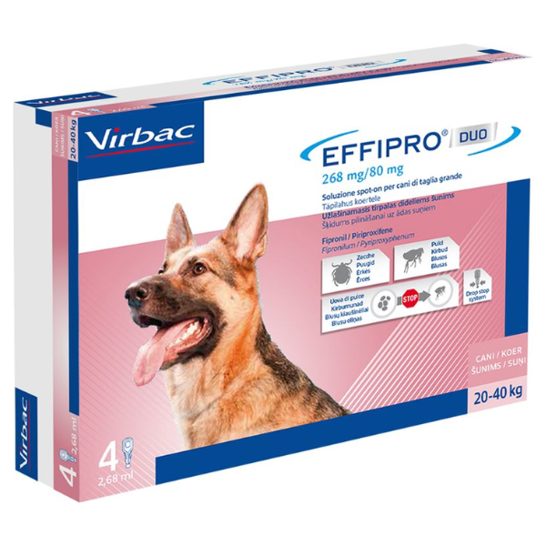 Virbac effipro duo spot-on antiparassitario spot-on cani - 4 pipette per cani da 20 a 40 kg - antiparassitario per cani - spedizione gratis 1° ordine
