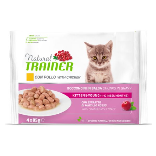 Natural trainer flowpack kitten & young (4 x 85 gr) - pollo fresco - spedizione gratis 1° ordine + scegli lo sconto bzr5 / bzr20