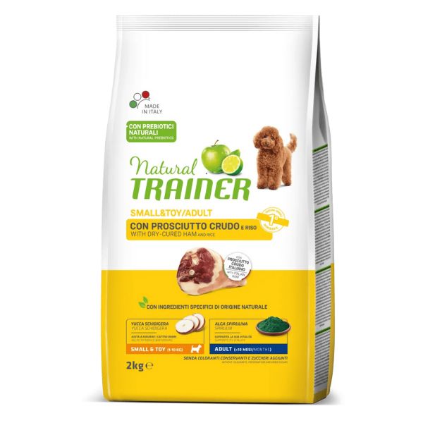Natural trainer small e toy con prosciutto crudo e riso - 2 kg - croccantini per cani - spedizione gratis 1° ordine + scegli lo sconto bzr5 / bzr20