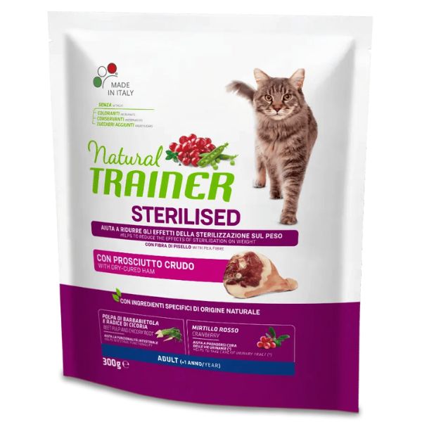 Natural trainer adult sterilised con prosciutto crudo - 300 gr - croccantini per gatti - spedizione gratis 1° ordine + scegli lo sconto bzr5 / bzr20