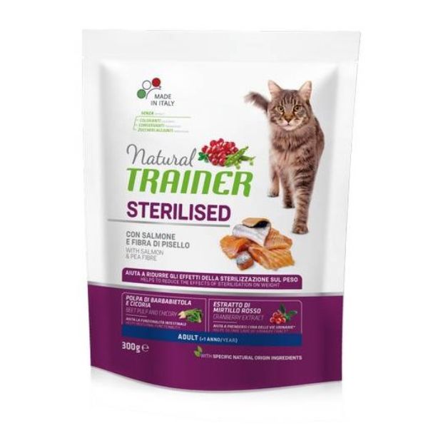 Natural trainer adult sterilised con salmone - 300 gr - croccantini per gatti - spedizione gratis 1° ordine + scegli lo sconto bzr5 / bzr20