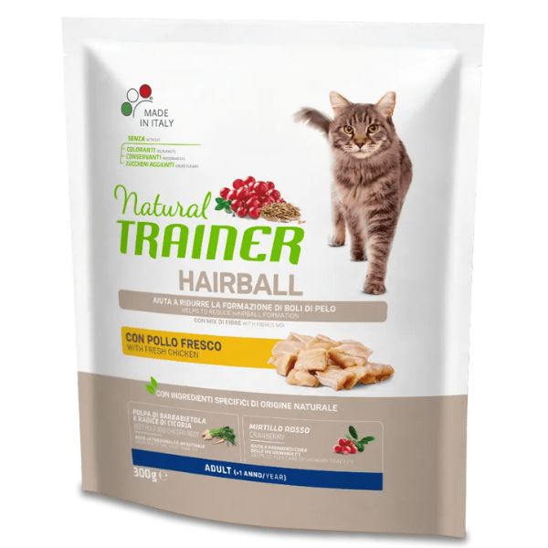 Natural trainer hairball adult con pollo fresco - 300 gr - croccantini per gatti - spedizione gratis 1° ordine + scegli lo sconto bzr5 / bzr20