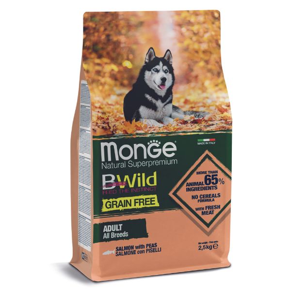 Monge bwild dog adult grain free salmone - 2,5 kg - croccantini per cani - spedizione gratis 1° ordine + scegli lo sconto bzr5 / bzr20