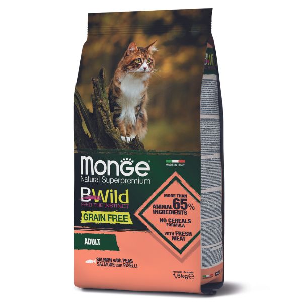 Monge bwild cat adult grain free salmone - 1,5 kg - croccantini per gatti - spedizione gratis 1° ordine + scegli lo sconto bzr5 / bzr20