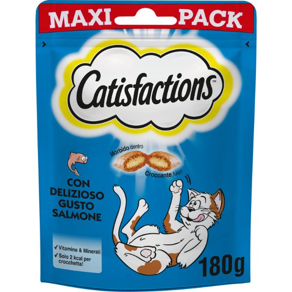 Catisfactions snack per gatti maxi pack 180 gr - salmone - spedizione gratis 1° ordine + scegli lo sconto bzr5 / bzr20