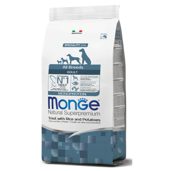 Monge natural superpremium all breeds adult monoprotein trota con riso e patate - 12 kg - spedizione gratis 1° ordine + scegli lo sconto bzr5 / bzr20