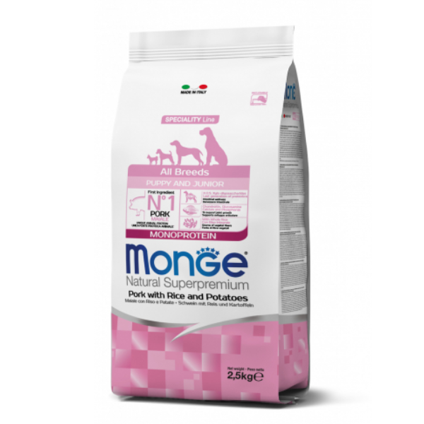 Monge natural superpremium all breeds puppy & junior monoprotein maiale con riso - 2,5kg - spedizione gratis 1° ordine + scegli lo sconto bzr5 / bzr20