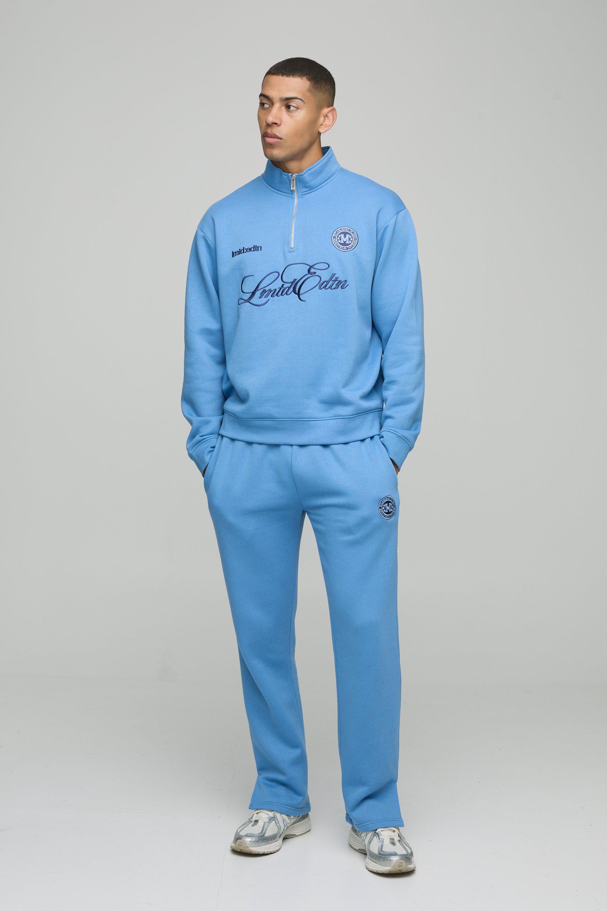 Oversized Boxy Quarter Zip Embroidered Tracksuit, Azzurro
