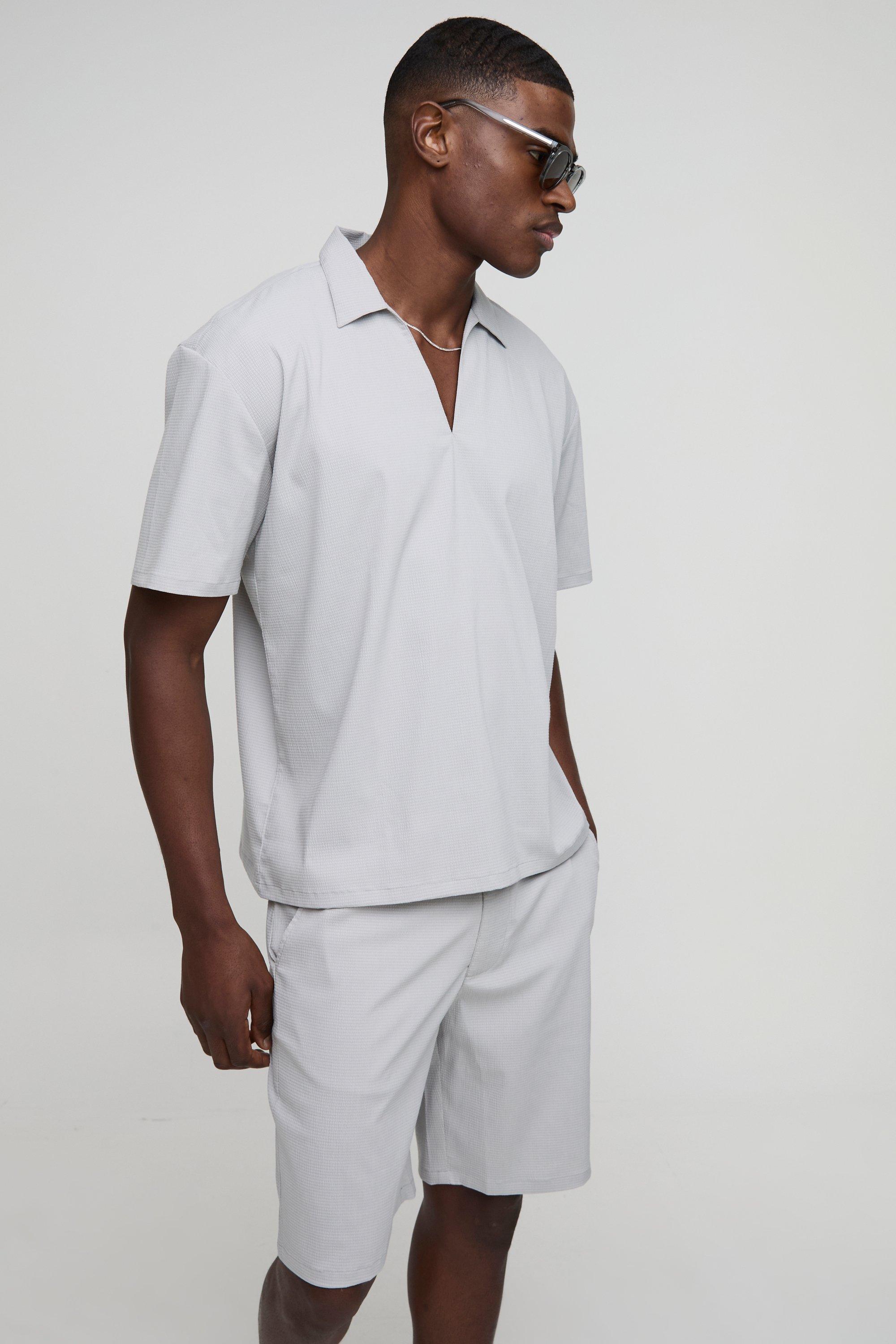 Oversized Overhead V-Neck Stripe Seersucker Shirt & Short Set, Grigio