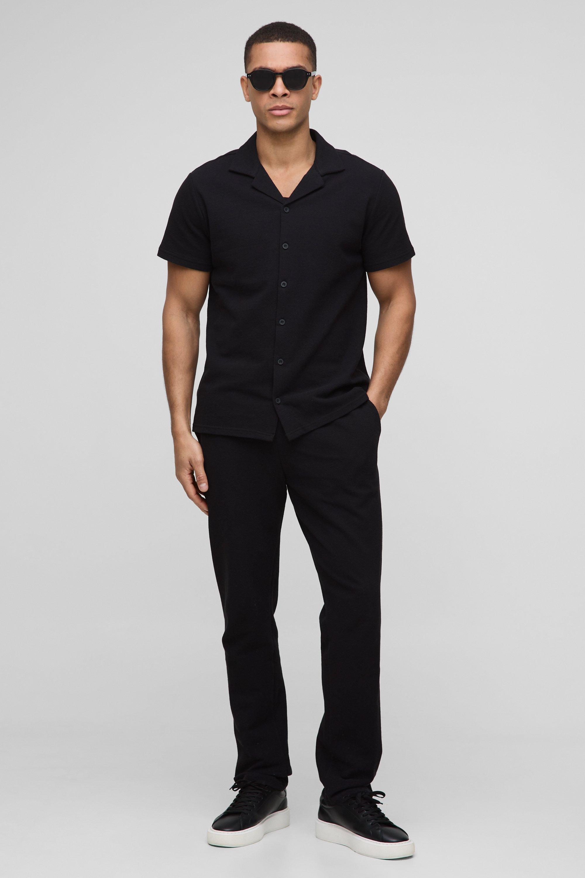 Regular Revere Short Sleeve Pique Shirt & Tapered Trouser Set, Nero