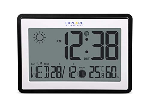 Explore Scientific Rdc8002 Orologio Da Parete O Da Tavolo Radio-Controllato, Fasi Lunari, Temperatura Interna E Umidità, Gancio Per Muro E Supporto Sc