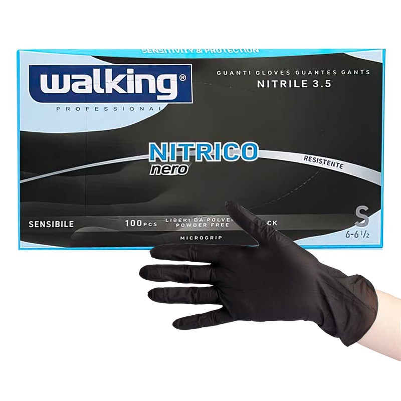 WALKING Guanti Nitrile 3.5 Nitrico Black 100pz Taglia S