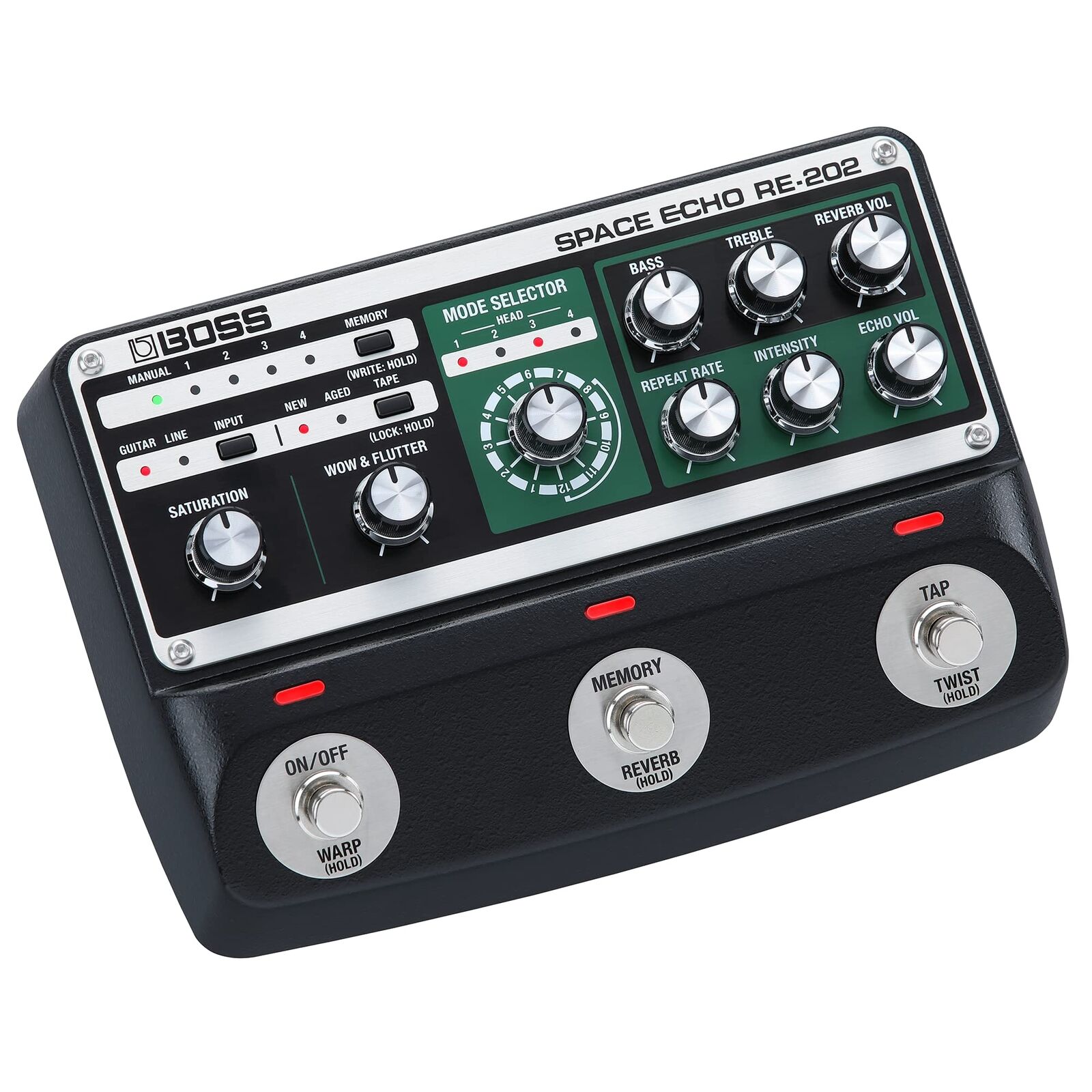 Boss RE-202 Spazio Eco Chitarra Effetti Pedale Nero Verde USB 9V 5 Reverbs Nuovo