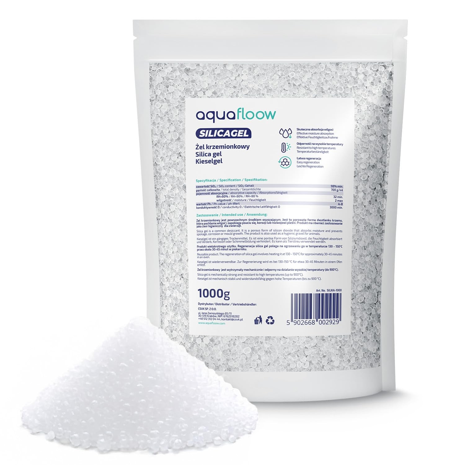 Aquafloow Silica Gel 1000g Gel di silice rigenerabile, deumidificatore (c1v)