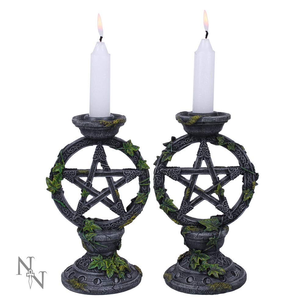 NN Designs Set Of 2 Wiccan Pentagram Candlesticks Witch Candle Holders NUOVO