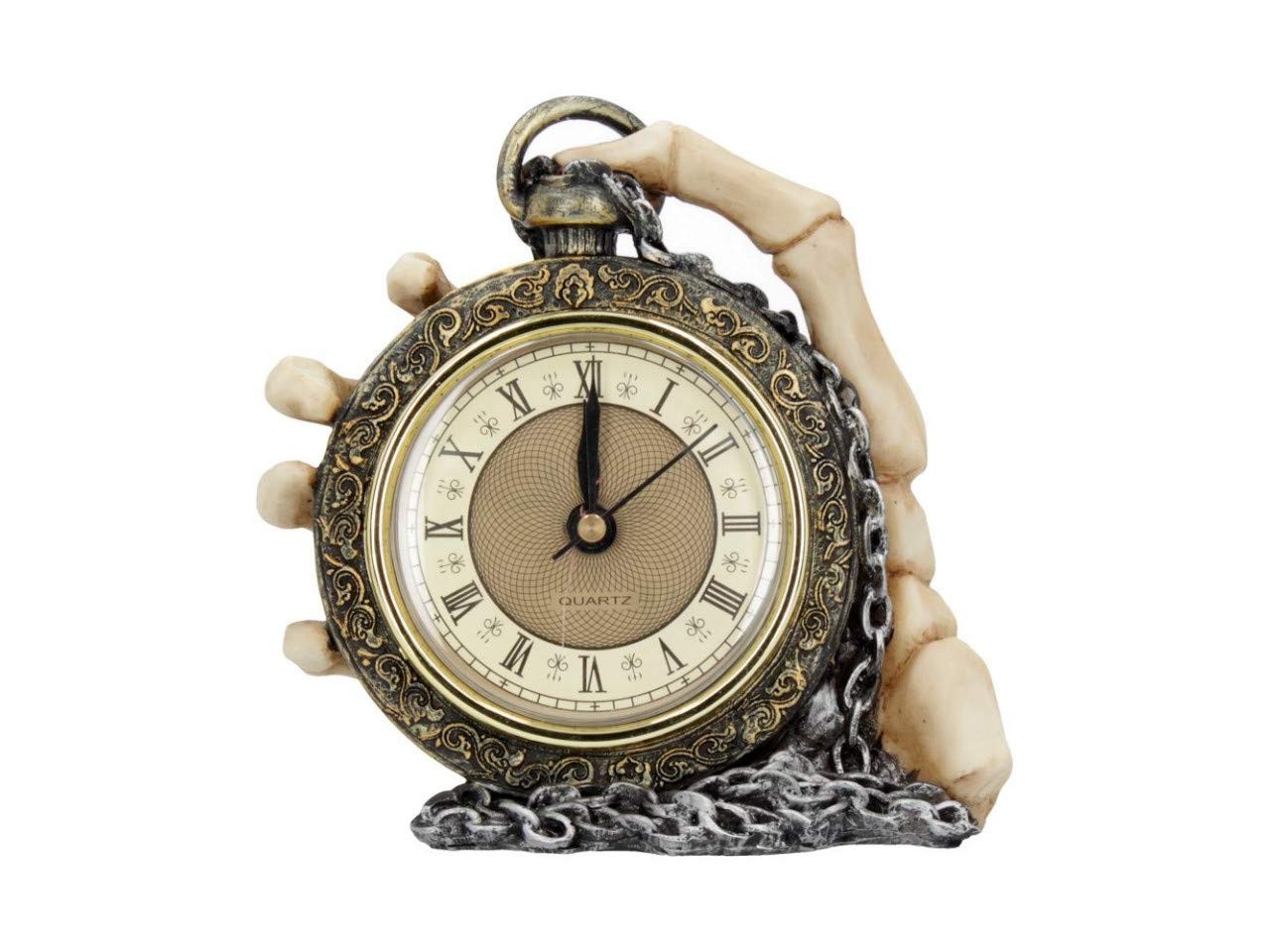 About Time Skeleton Hand And Pocket Watch Mantel Clock NUOVO