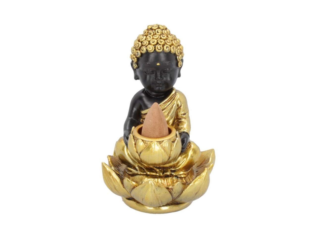 Black & Gold Baby Buddha Backflow Incense Burner 10.3Cm NUOVO