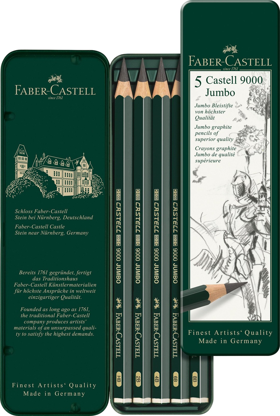 Faber-Castell 5 Piece Quality Castell 9000 Jumbo Graphite Pencils in a Tin, Incl