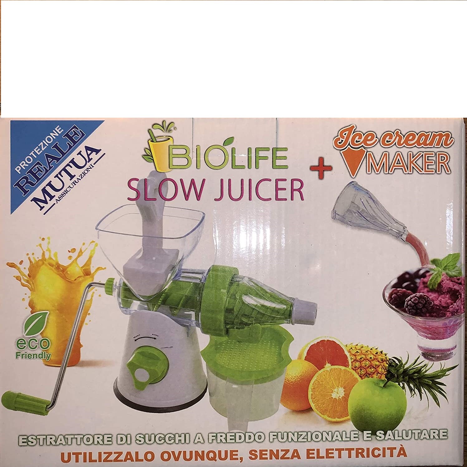 ESTRATTORE SUCCHI A FREDDO SLOW JUICER SUCCO FRUTTA BIO LIFE + ICE MAKER GELATO