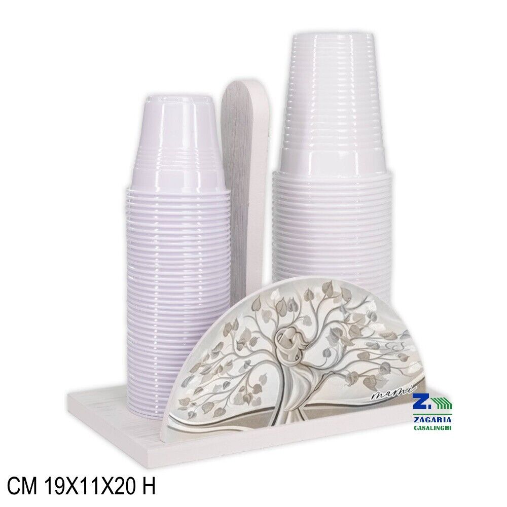 PORTABICCHIERI IN LEGNO DECORATO WHITE ALBERO ABBRACCIO CM 19X11X20 H