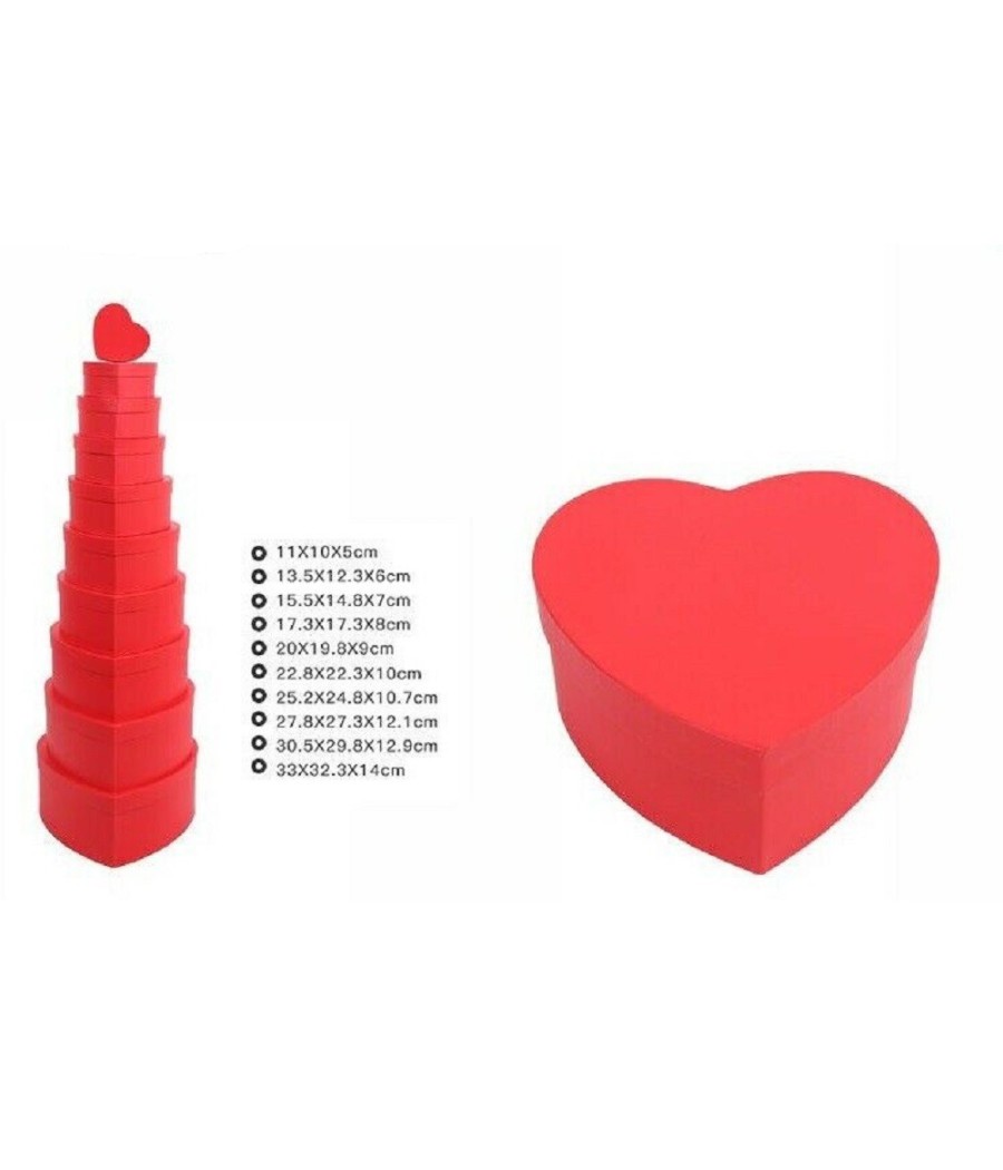 Set 10 Pz Scatole Box Per Regali Varie Misure Matrioska Forma Cuore Rosso 71952