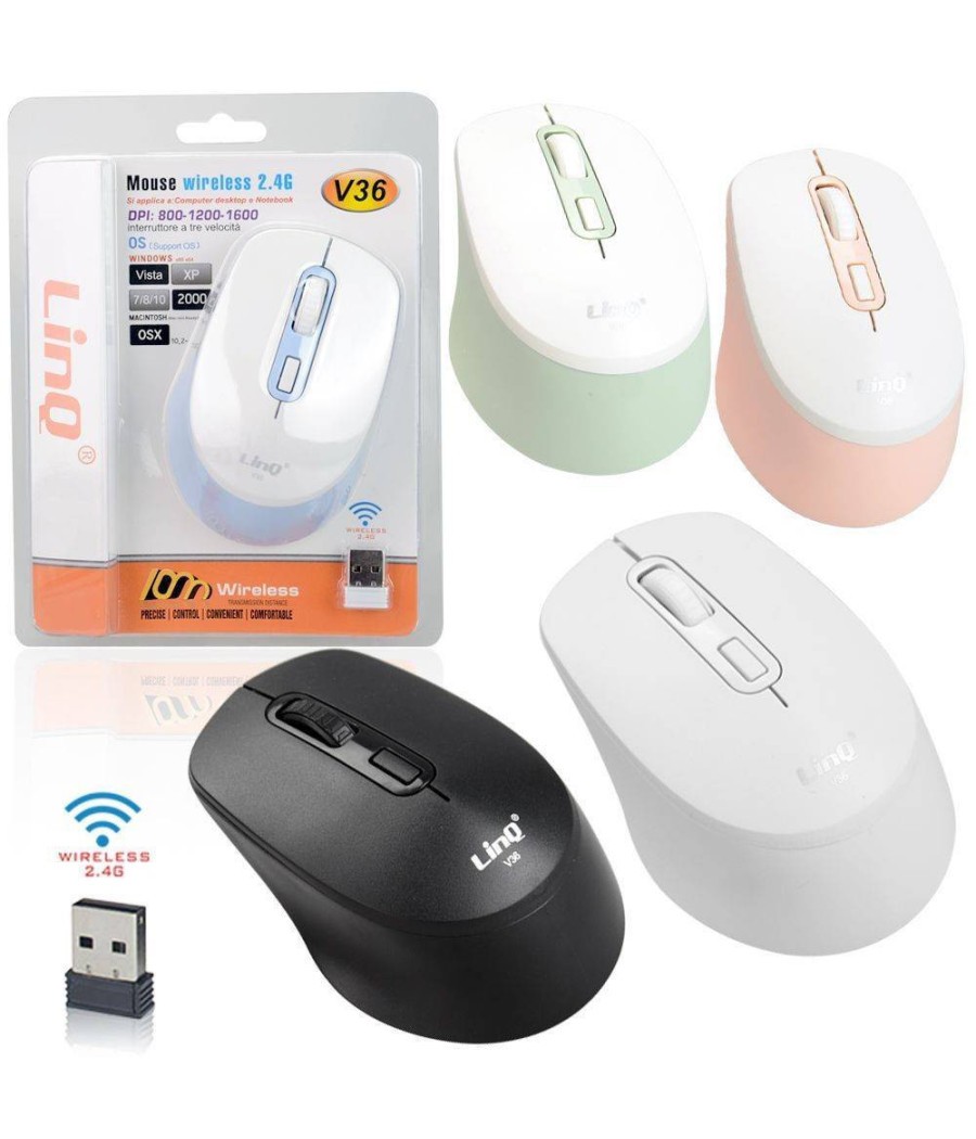 MOUSE WIRELESS V36 SENZA FILI 2.4GHZ 800-1200-1600DPI NOTEBOOK SUPPORTO OS WINDO