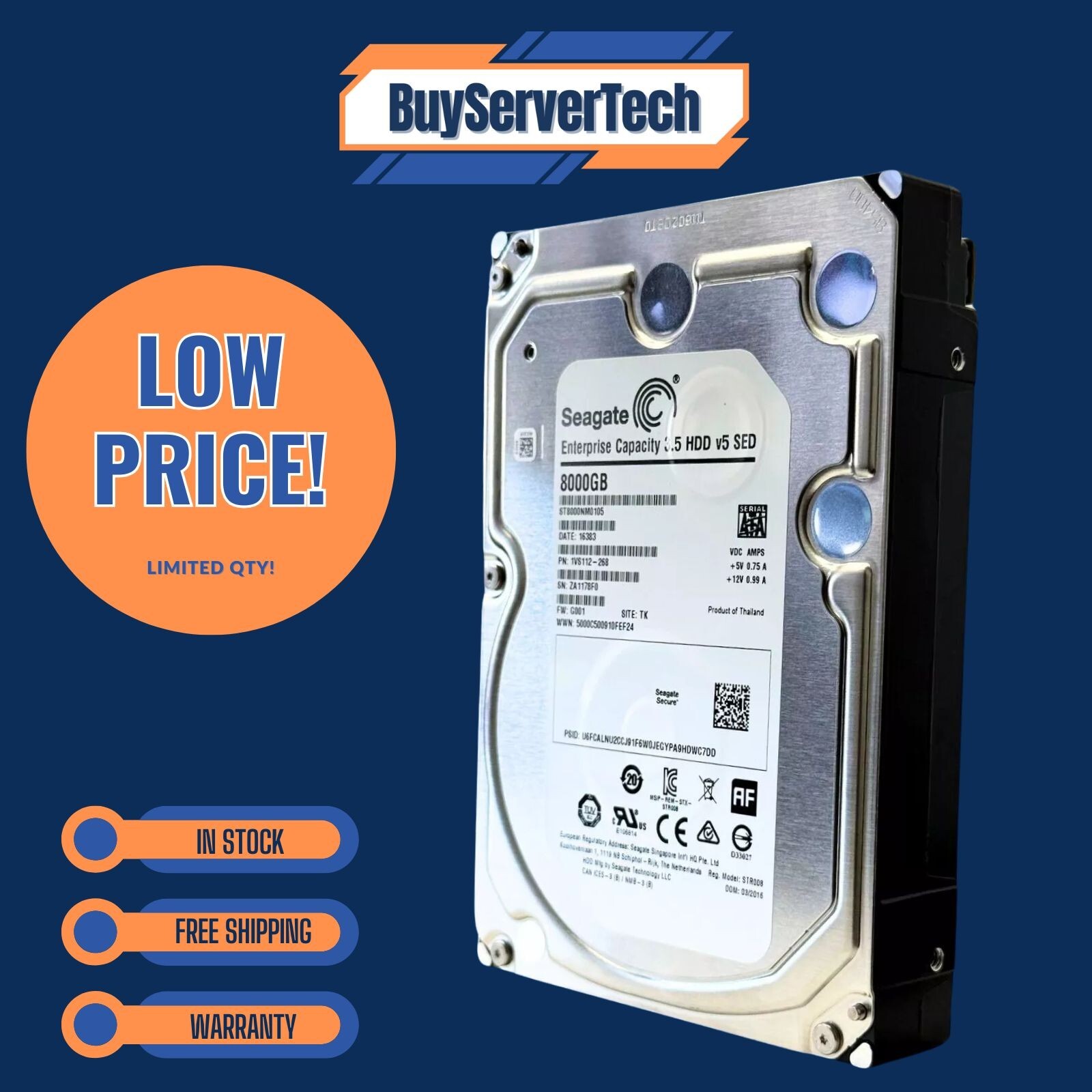Nuovo Seagate 8TB 7.2k 256MB SATA 6Gb/S 3.5 512e Sed Impresa HDD ST8000NM0105