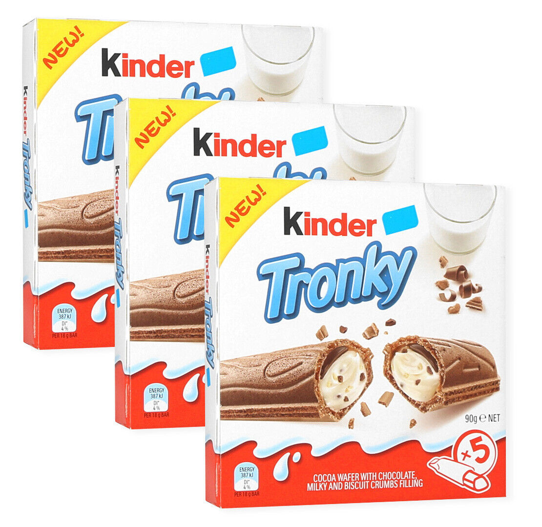 3X Kinder Tronky Wafer Cacao Ripieno Cremoso al Latte con Pezzi di Biscotto 90g